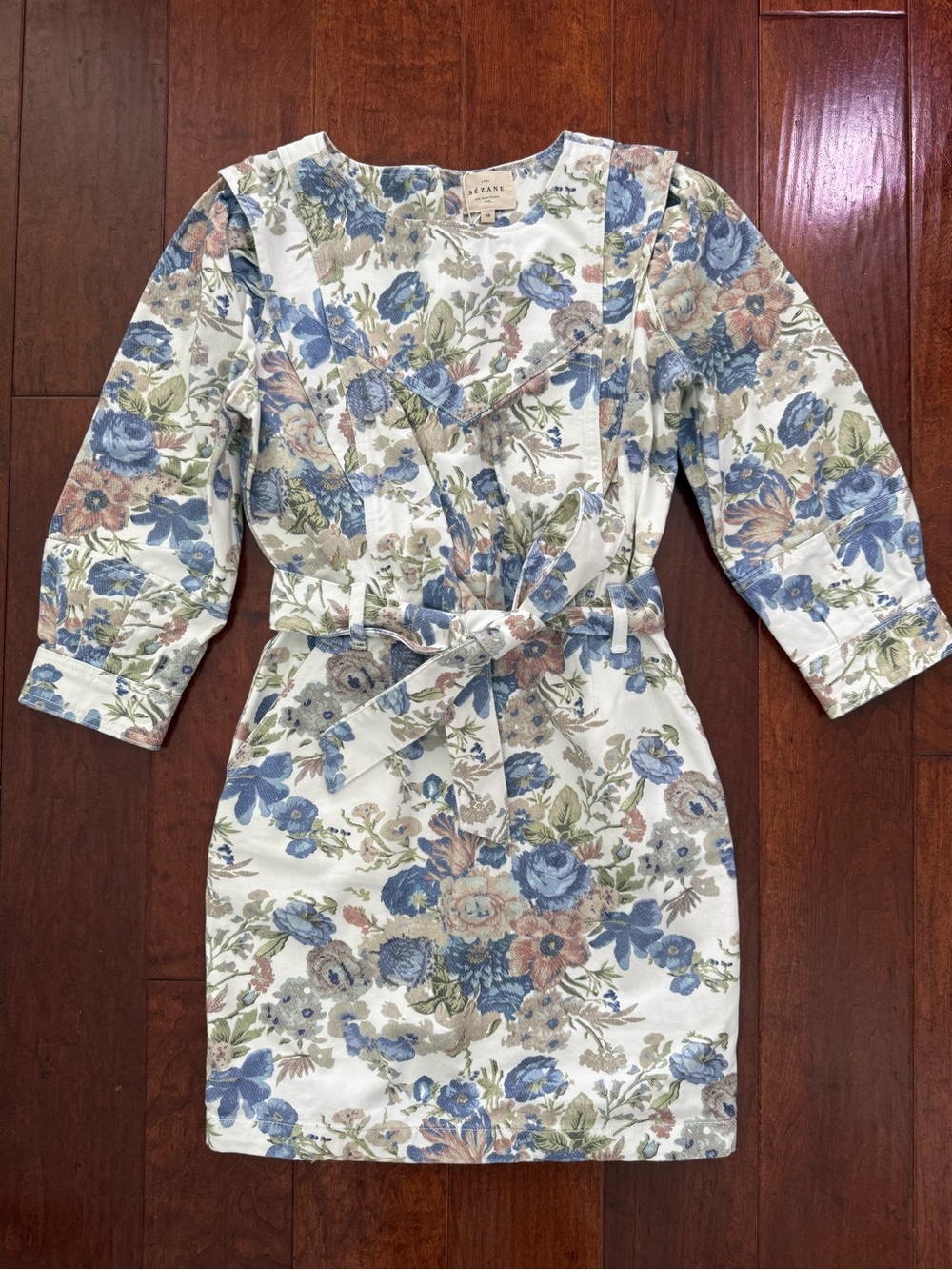 Sezane Haneia Floral Bleu Belted Mini Dress Blue & Cream